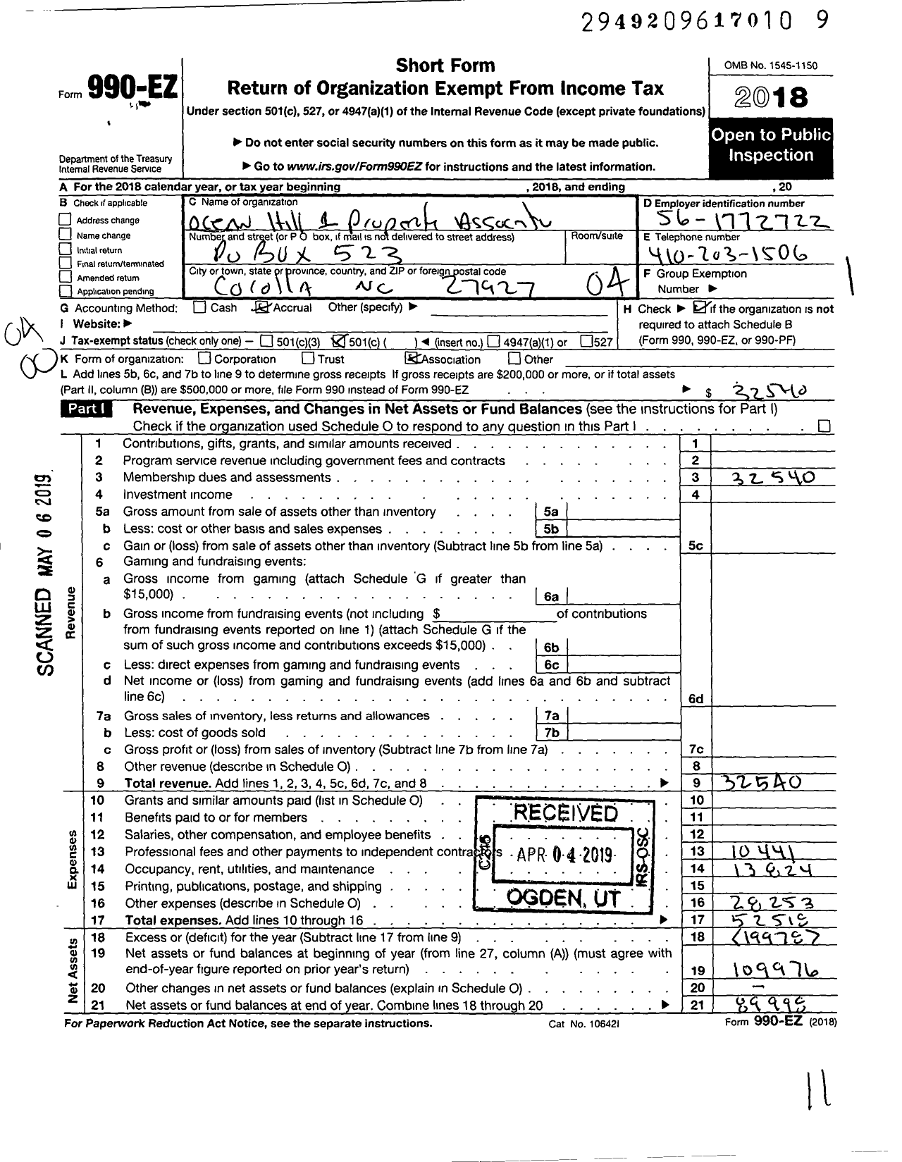 Image of first page of 2018 Form 990EO for Ocean Hill 1 Property Association