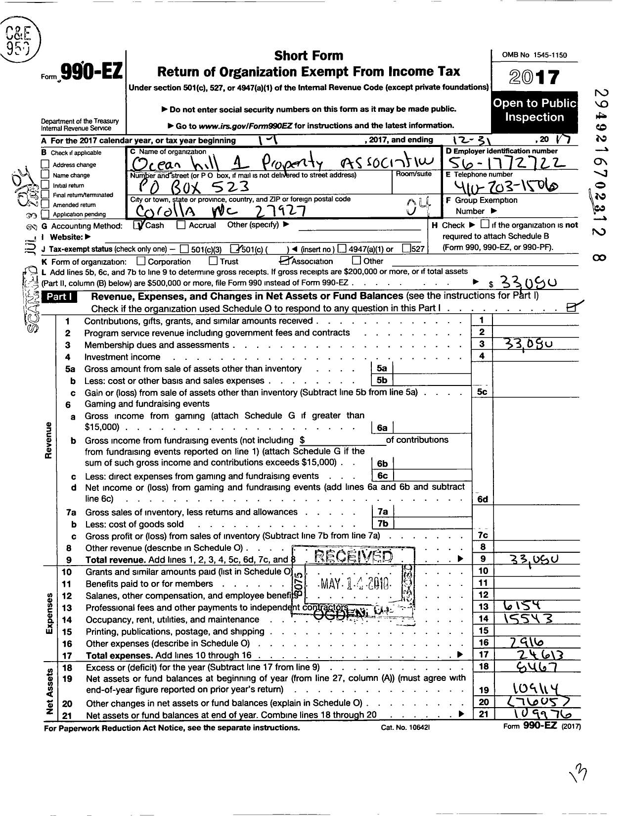 Image of first page of 2017 Form 990EO for Ocean Hill 1 Property Association