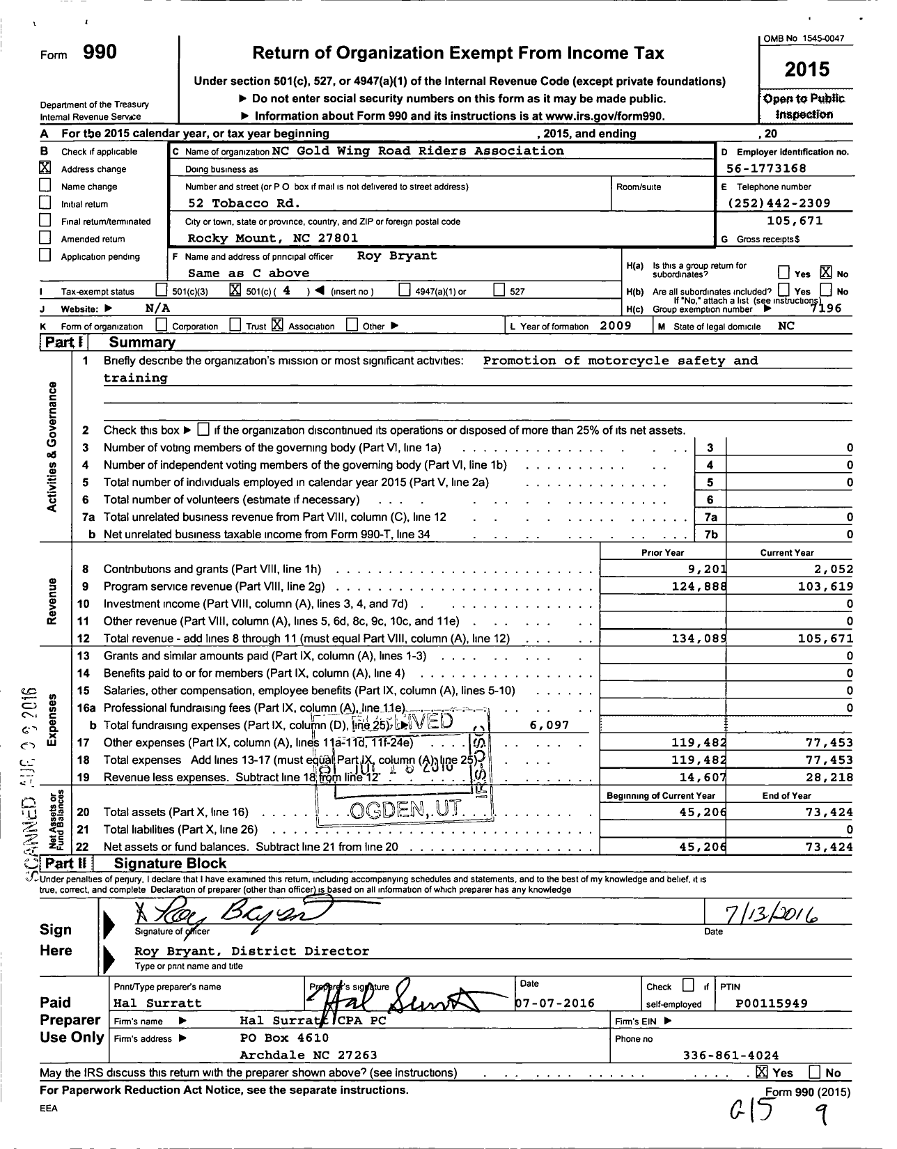 Image of first page of 2015 Form 990O for Gold Wing Road Riders Association / District NC