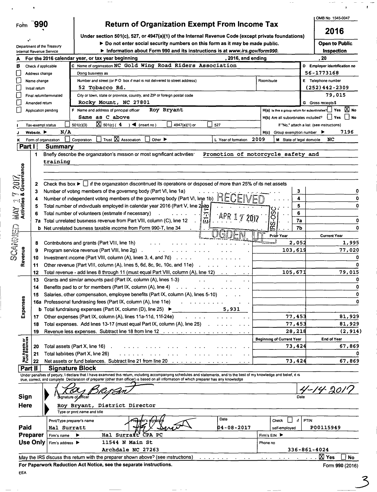 Image of first page of 2016 Form 990O for Gold Wing Road Riders Association / District NC