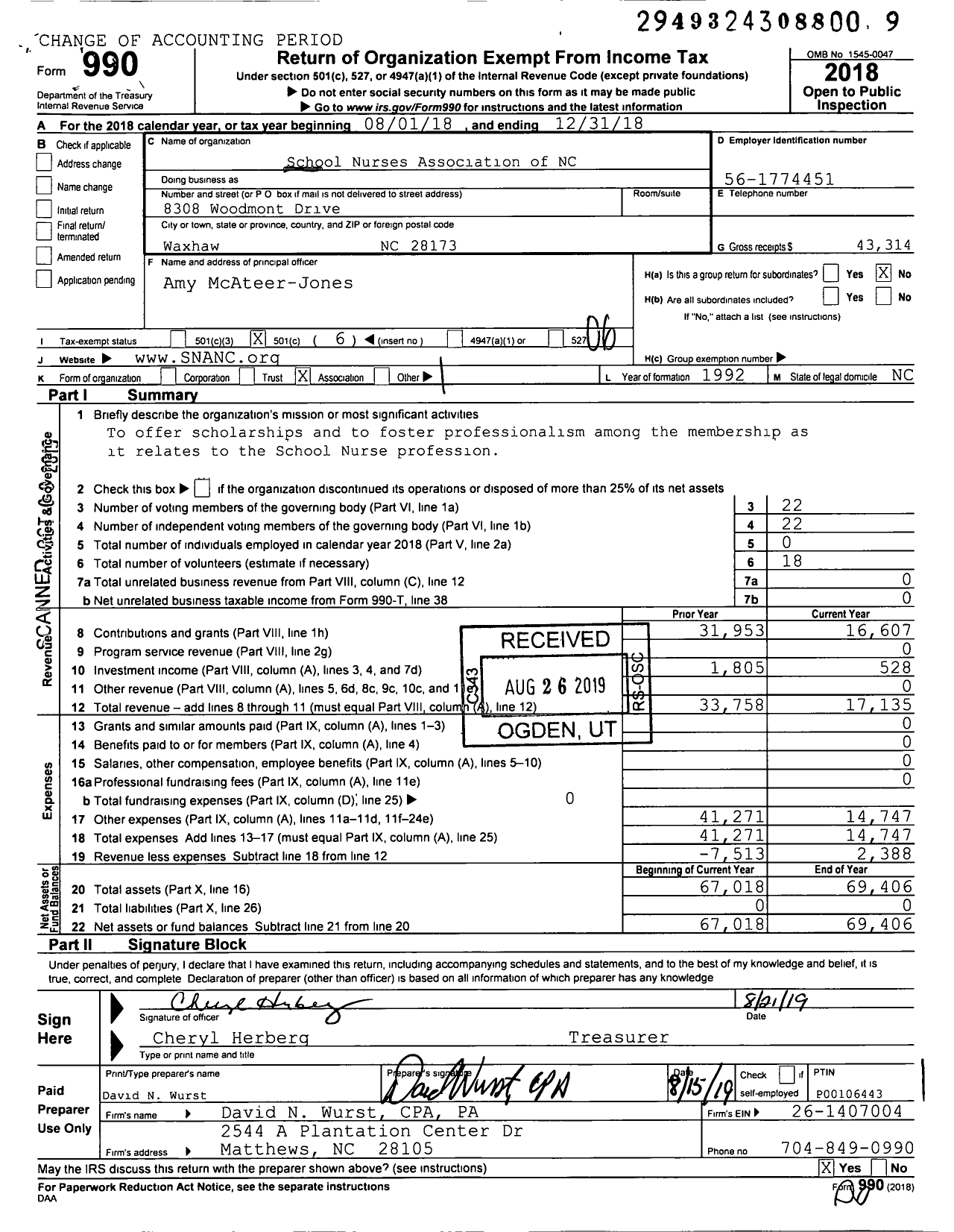 Image of first page of 2018 Form 990O for School Nurses Association of North Carolina