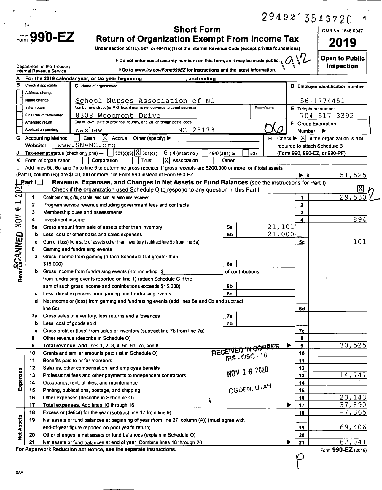 Image of first page of 2019 Form 990EO for School Nurses Association of North Carolina