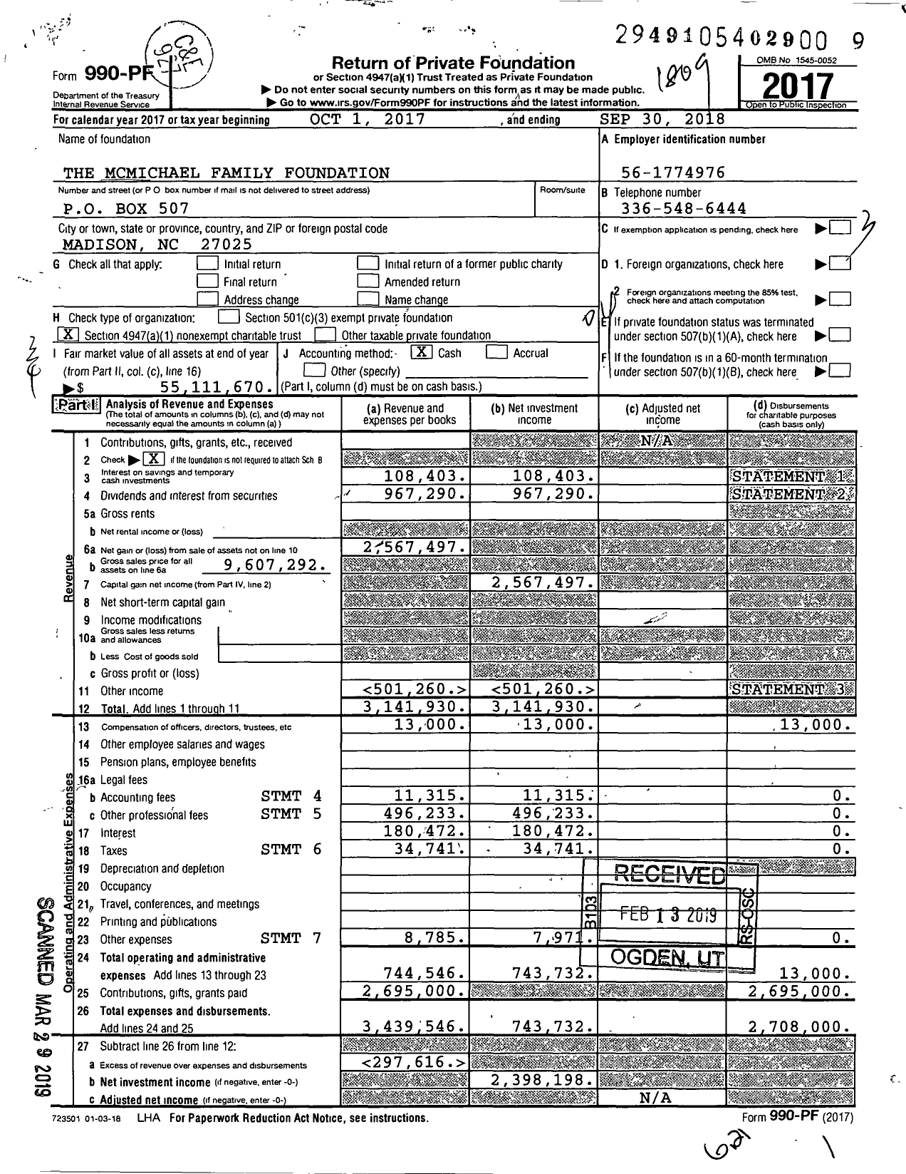 Image of first page of 2017 Form 990PF for The Mcmichael Family Foundation