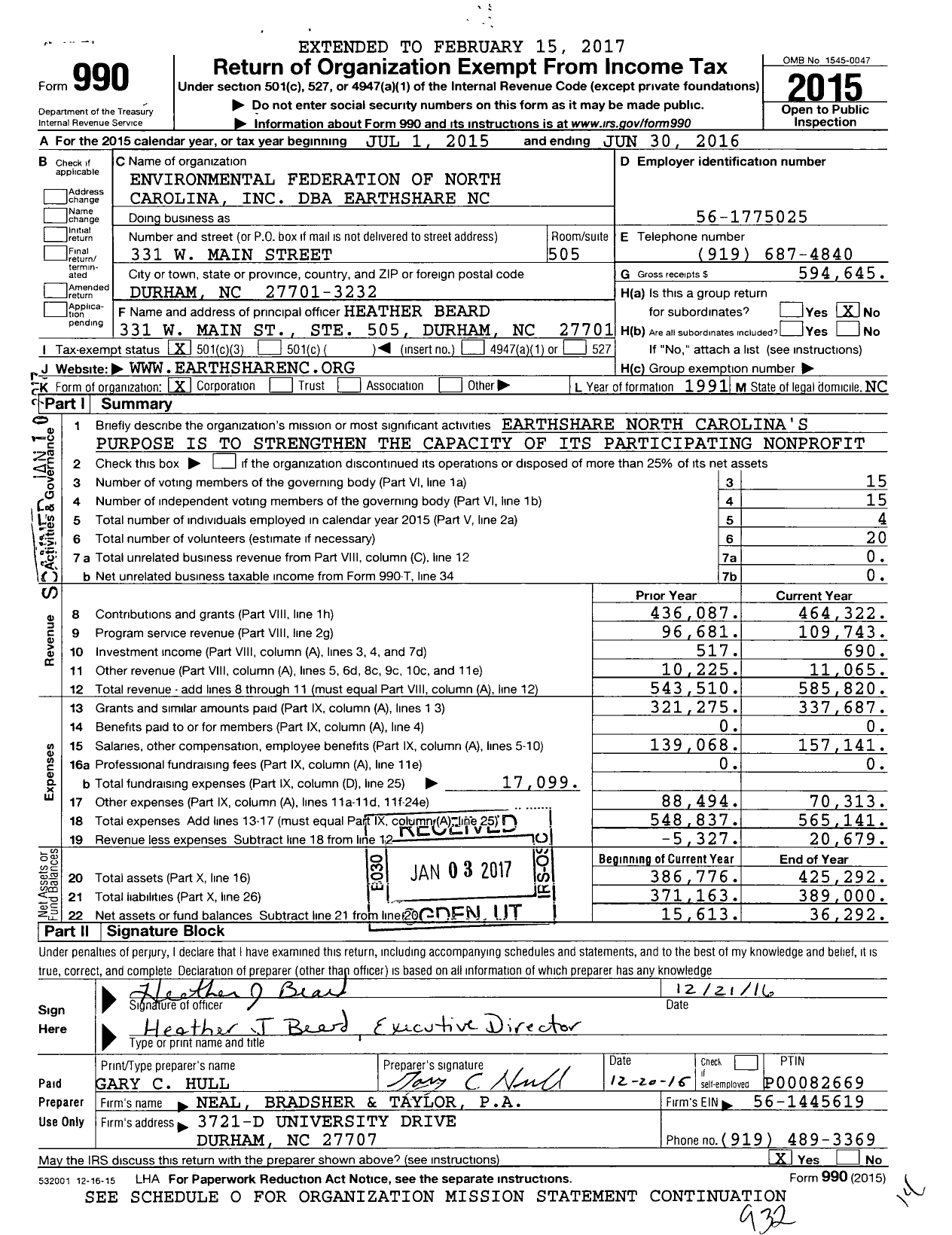 Image of first page of 2015 Form 990 for Earthshare NC