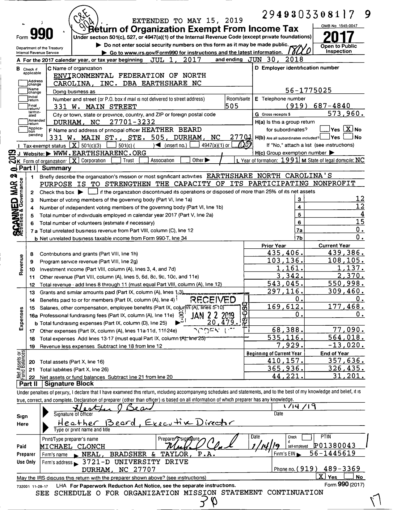Image of first page of 2017 Form 990 for Earthshare NC