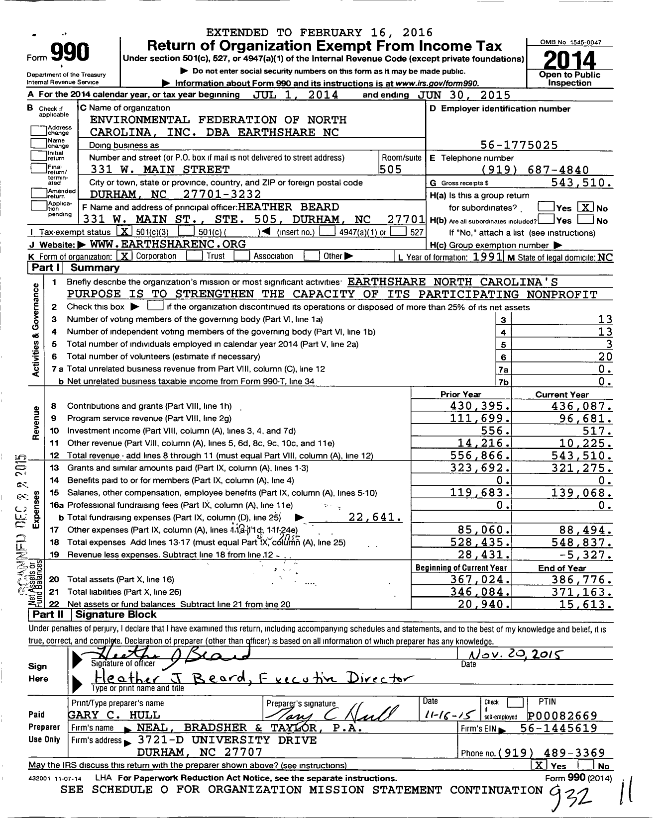 Image of first page of 2014 Form 990 for Earthshare NC