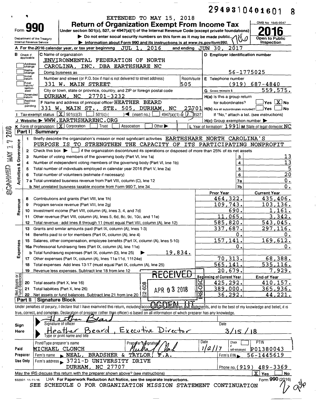 Image of first page of 2016 Form 990 for Earthshare NC