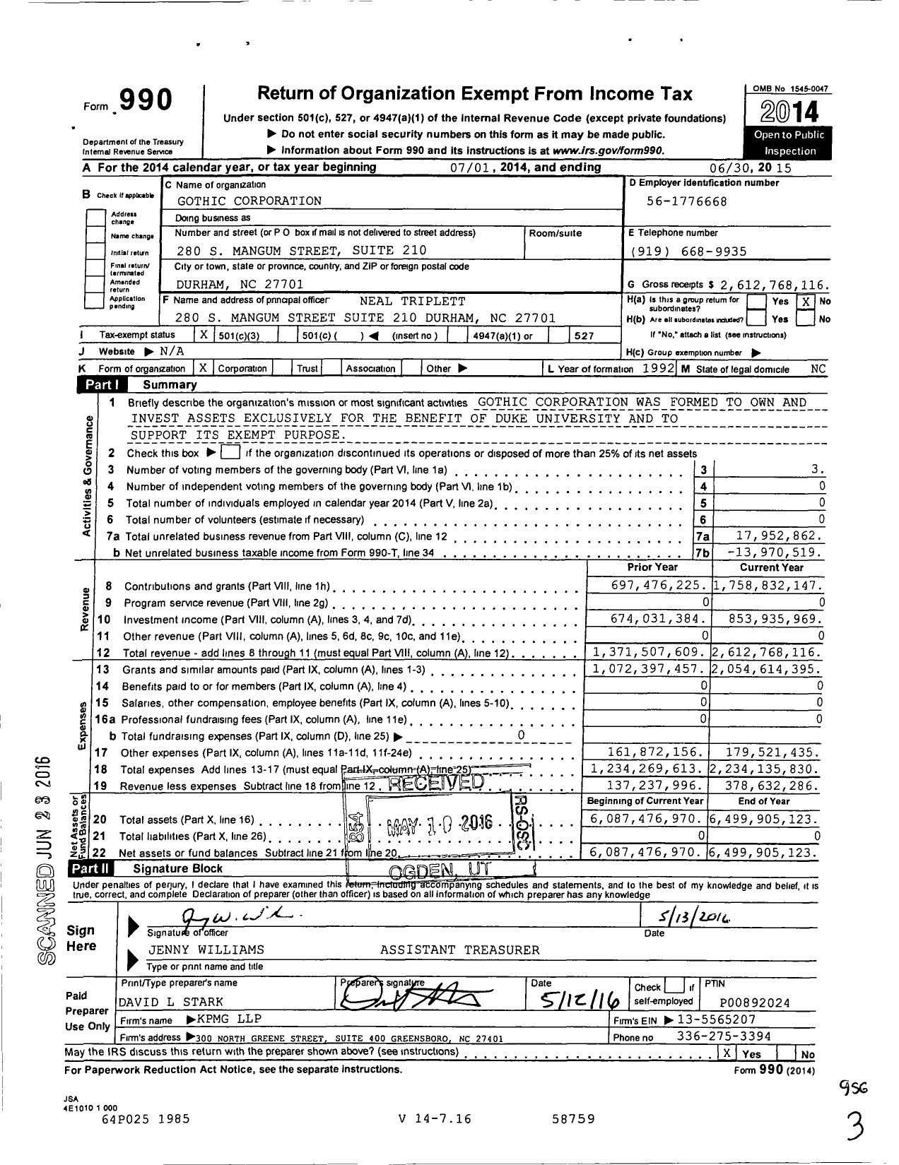 Image of first page of 2014 Form 990 for Gothic Corporation