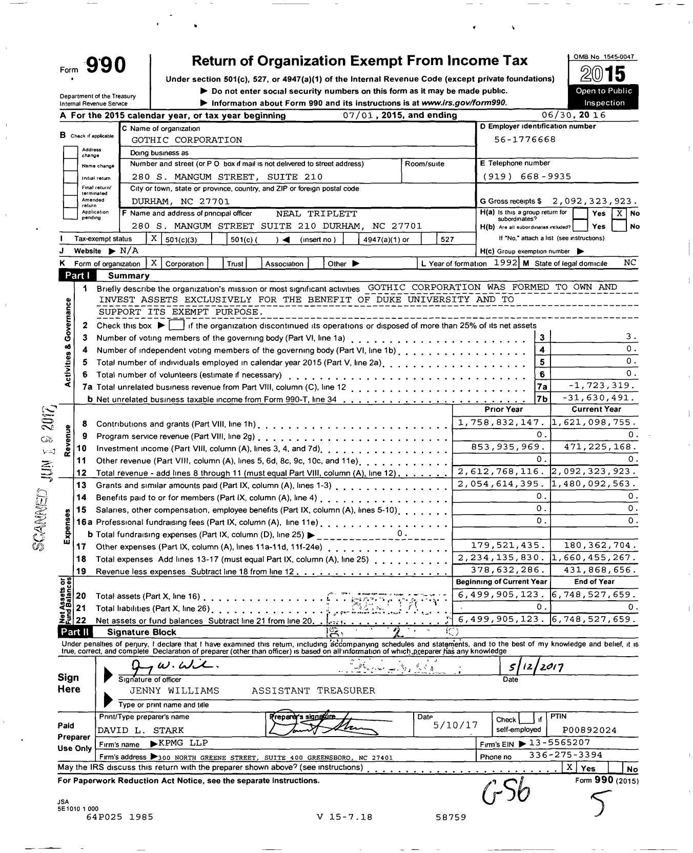 Image of first page of 2015 Form 990 for Gothic Corporation