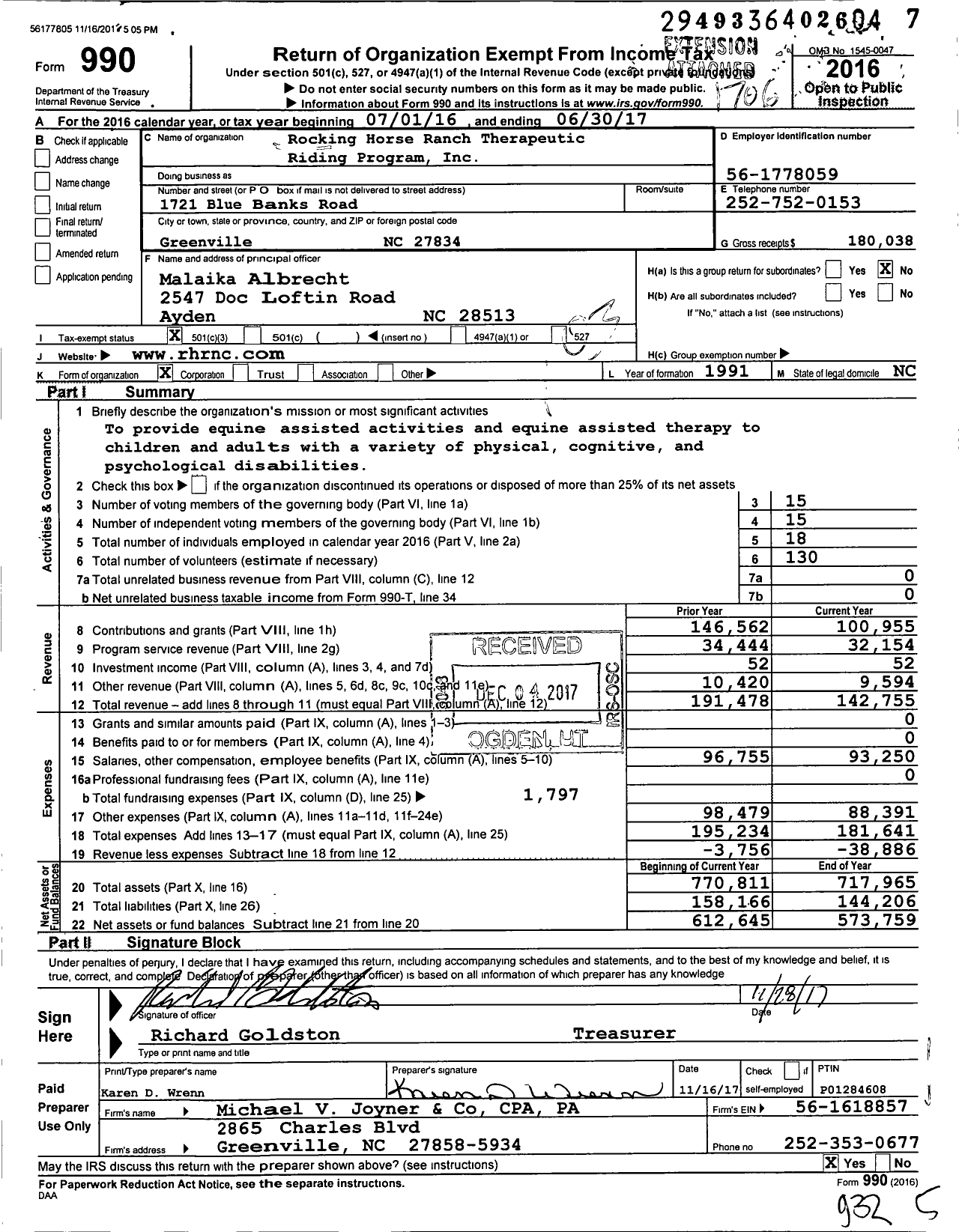 Image of first page of 2016 Form 990 for Rocking Horse Ranch Therapeutic Riding Program