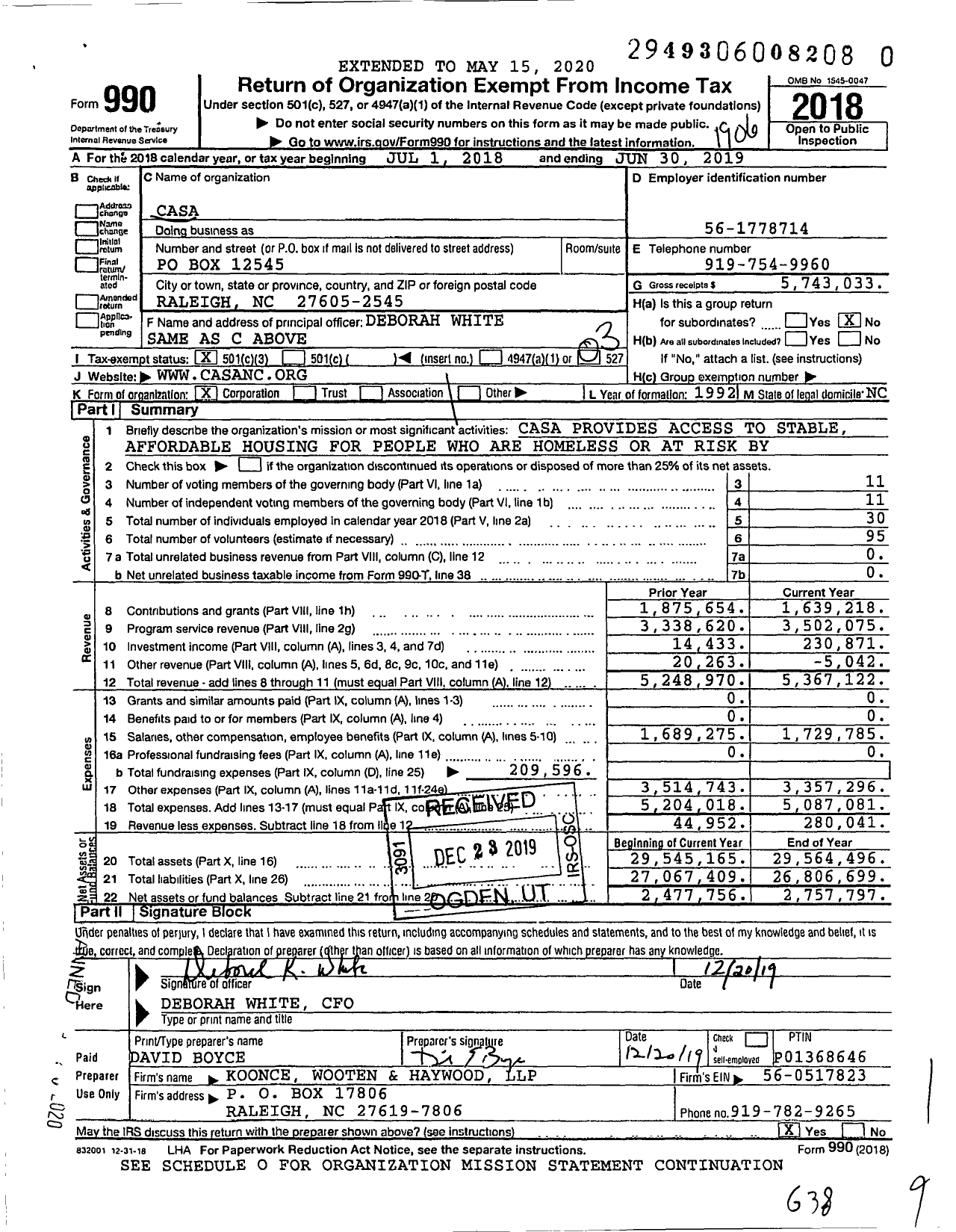 Image of first page of 2018 Form 990 for Community Alternatives for Supportive Abodes (CASA)