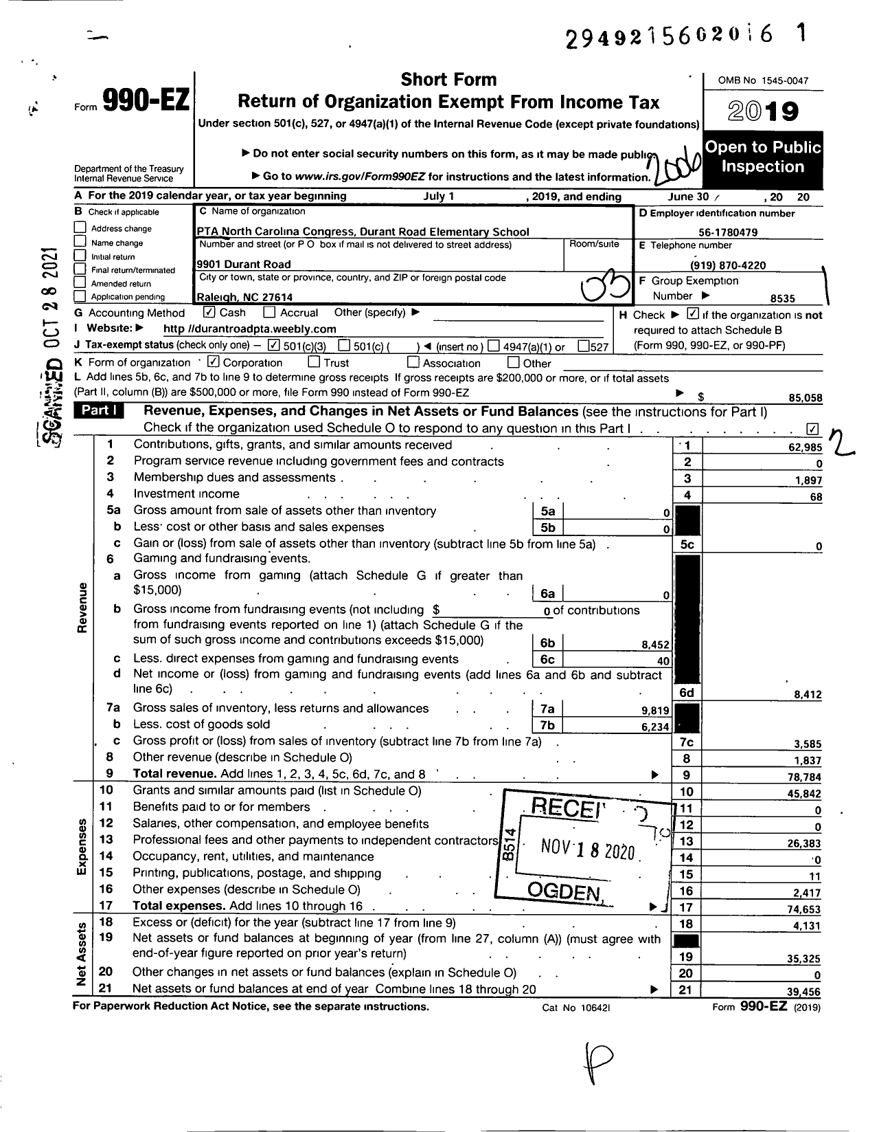 Image of first page of 2019 Form 990EZ for NORTH CAROLINA PTA - Durant Road Elementary School