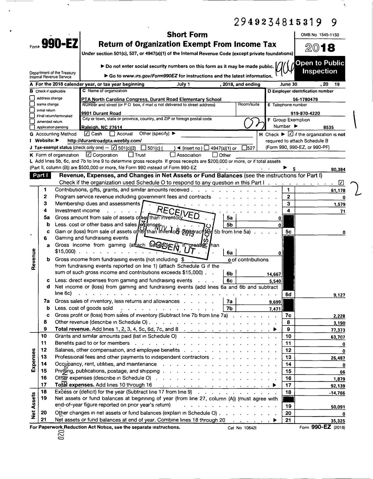 Image of first page of 2018 Form 990EZ for NORTH CAROLINA PTA - Durant Road Elementary School