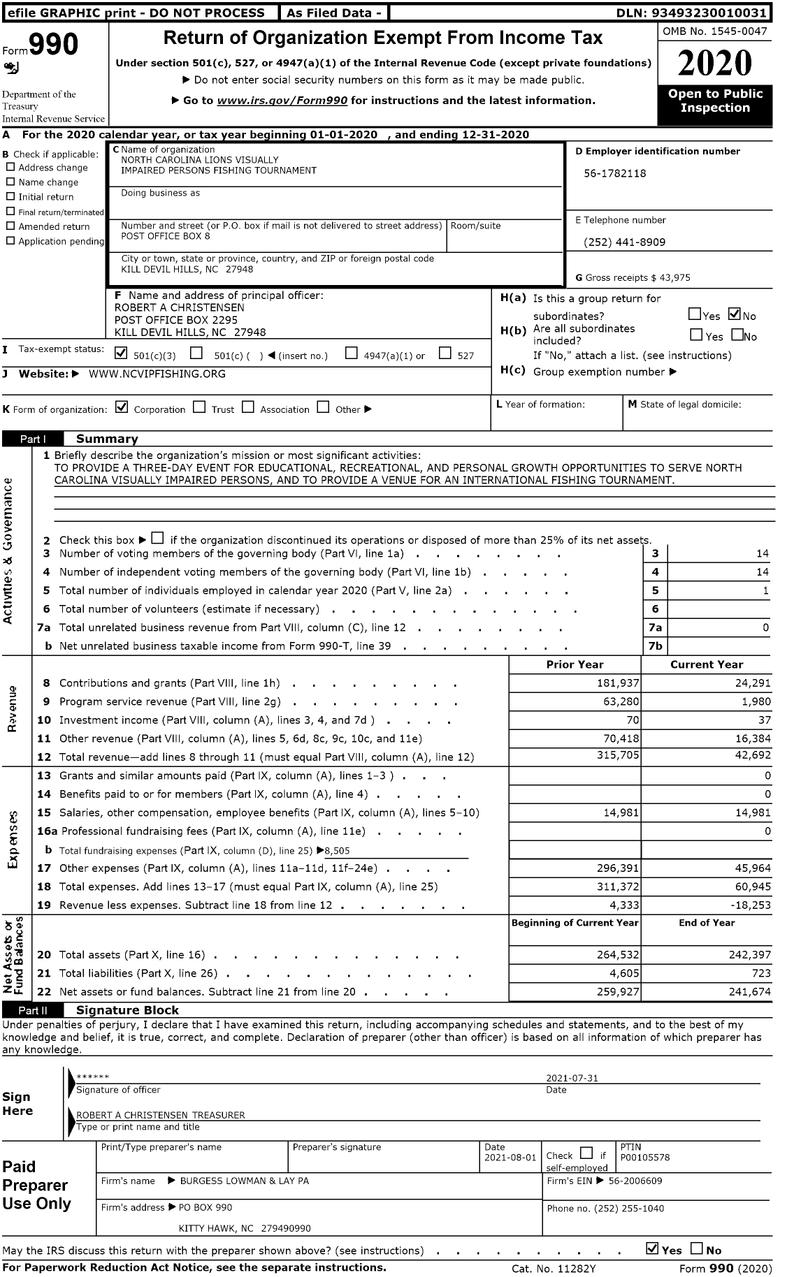 Image of first page of 2020 Form 990 for North Carolina Lions Visually Impaired Persons Fishing Tournament