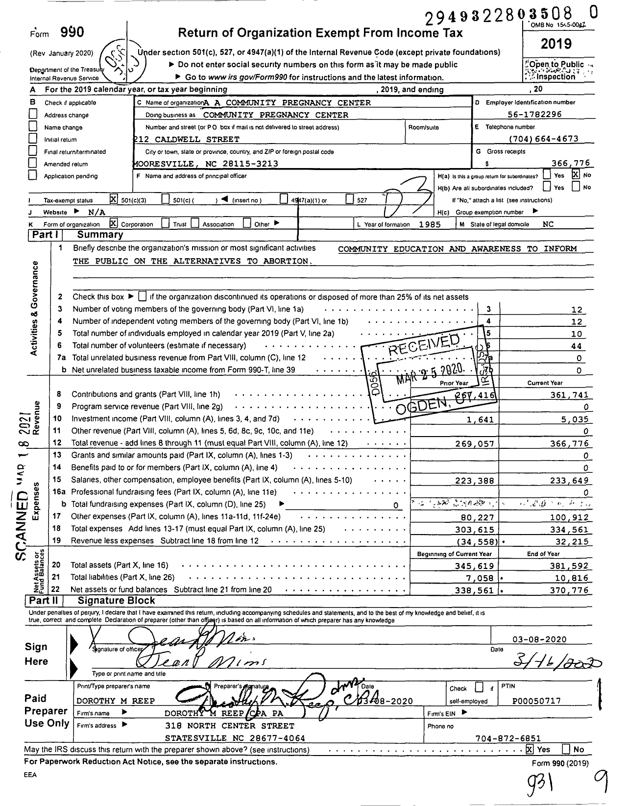 Image of first page of 2019 Form 990 for A A Community Pregnancy Center