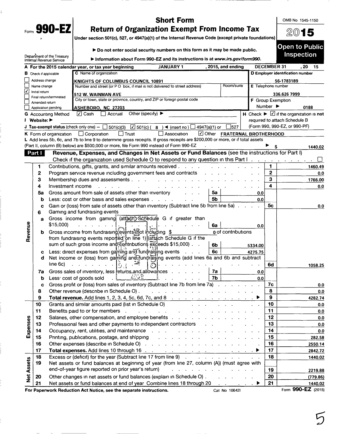 Image of first page of 2015 Form 990EO for Knights of Columbus Council 10891