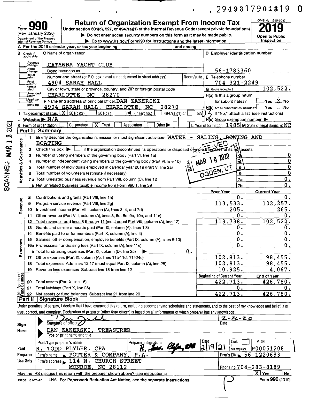 Image of first page of 2019 Form 990 for Catawba Yacht Club