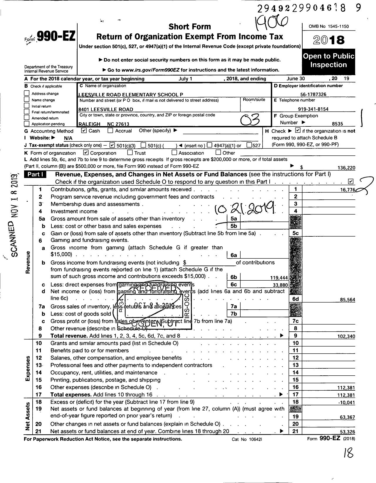 Image of first page of 2018 Form 990EZ for North Carolina PTA - Leesville Road Elementary School
