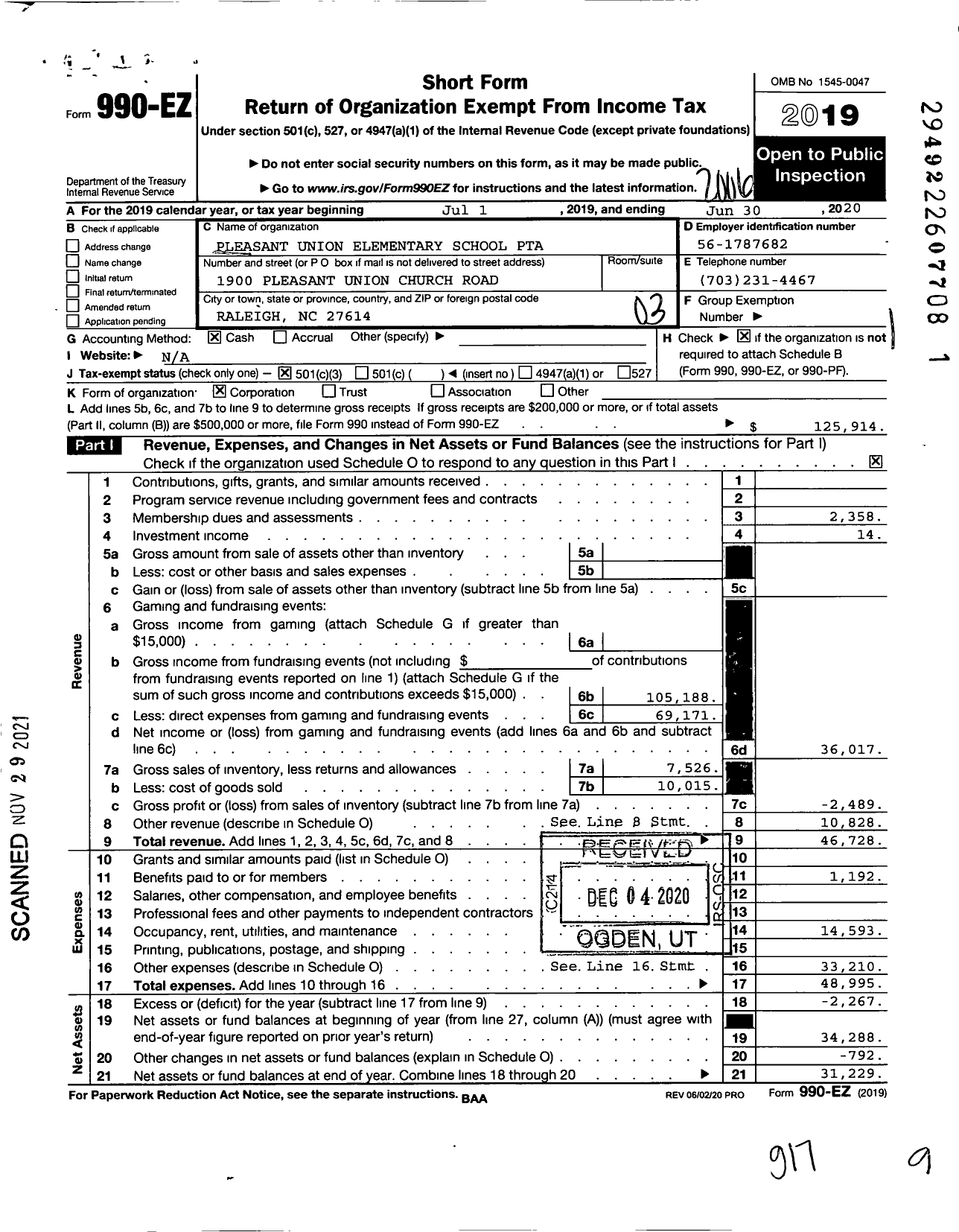 Image of first page of 2019 Form 990EZ for North Carolina PTA - Pleasant Union Elementary PTA