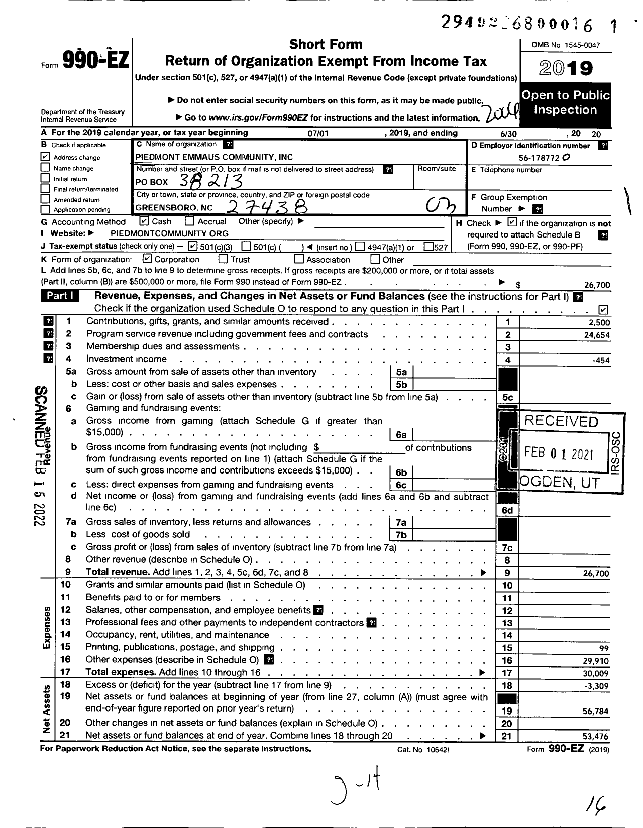 Image of first page of 2019 Form 990EZ for Piedmont Emmaus Community