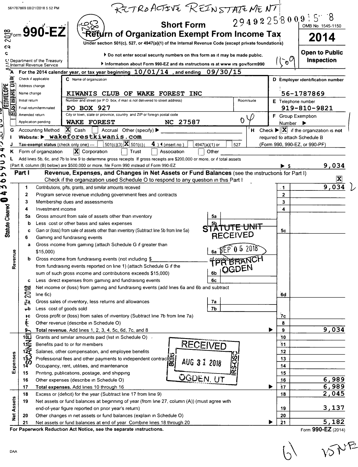 Image of first page of 2014 Form 990EO for Kiwanis Club of Wake Forest