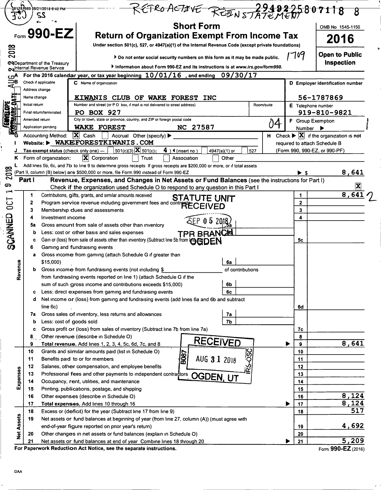 Image of first page of 2016 Form 990EO for Kiwanis Club of Wake Forest