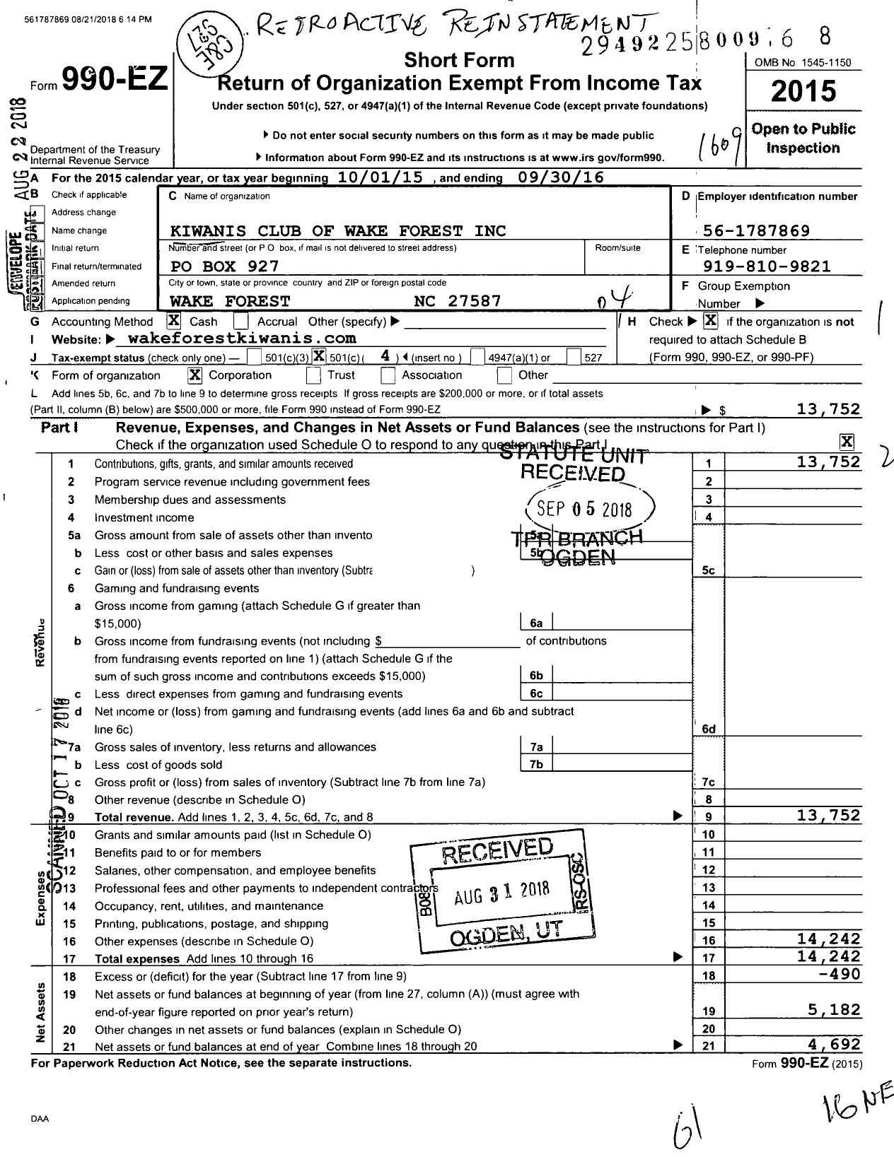 Image of first page of 2015 Form 990EO for Kiwanis Club of Wake Forest