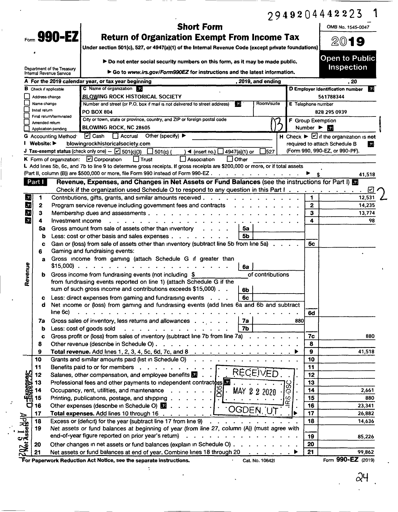 Image of first page of 2019 Form 990EZ for Blowing Rock Historical Society