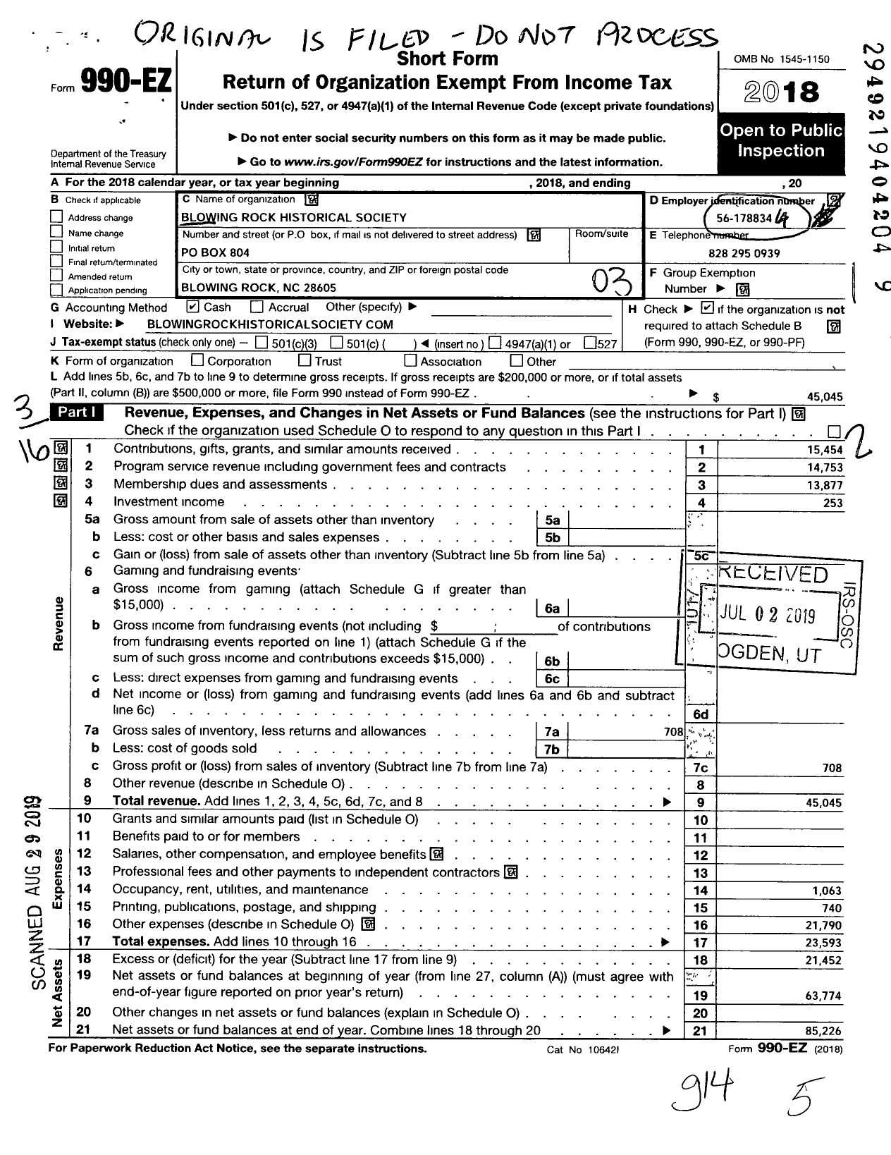 Image of first page of 2018 Form 990EZ for Blowing Rock Historical Society