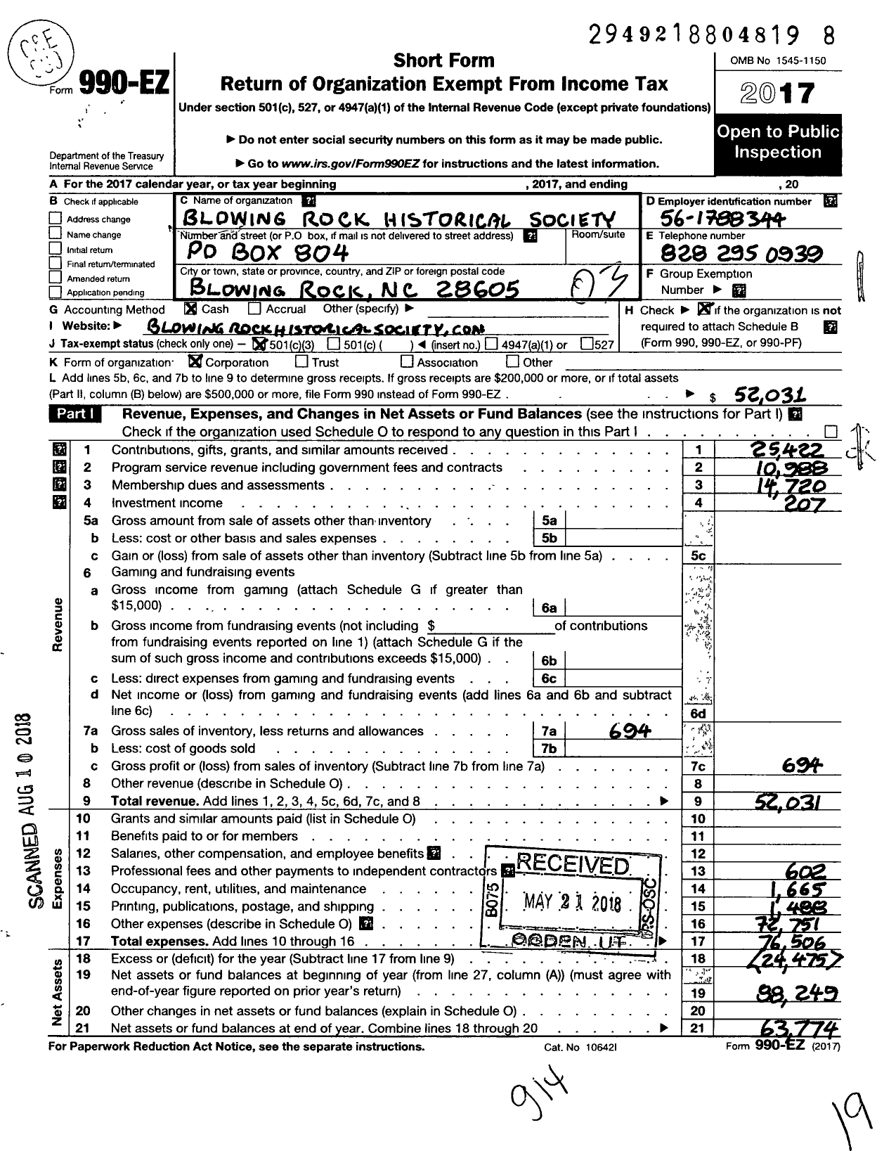 Image of first page of 2017 Form 990EZ for Blowing Rock Historical Society