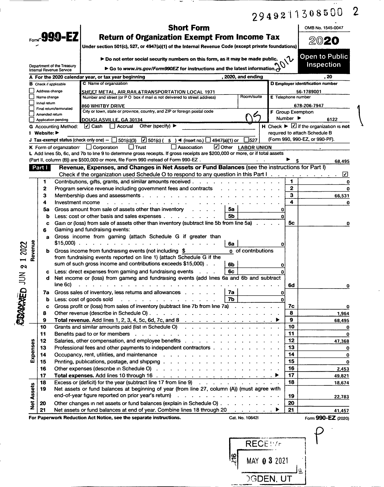 Image of first page of 2020 Form 990EO for Smart Union - 1971 TD