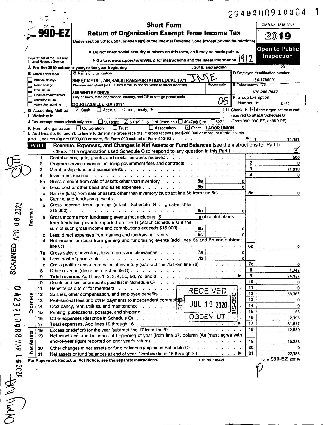 Image of first page of 2019 Form 990EO for Smart Union - 1971 TD