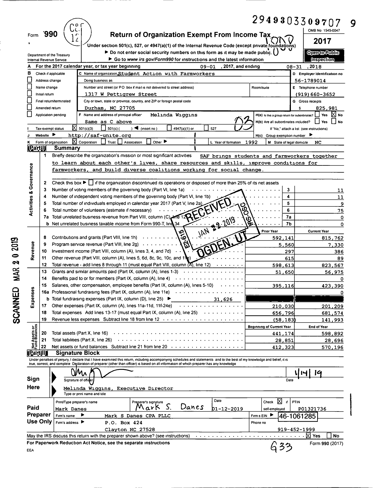 Image of first page of 2017 Form 990 for Student Action with Farmworkers