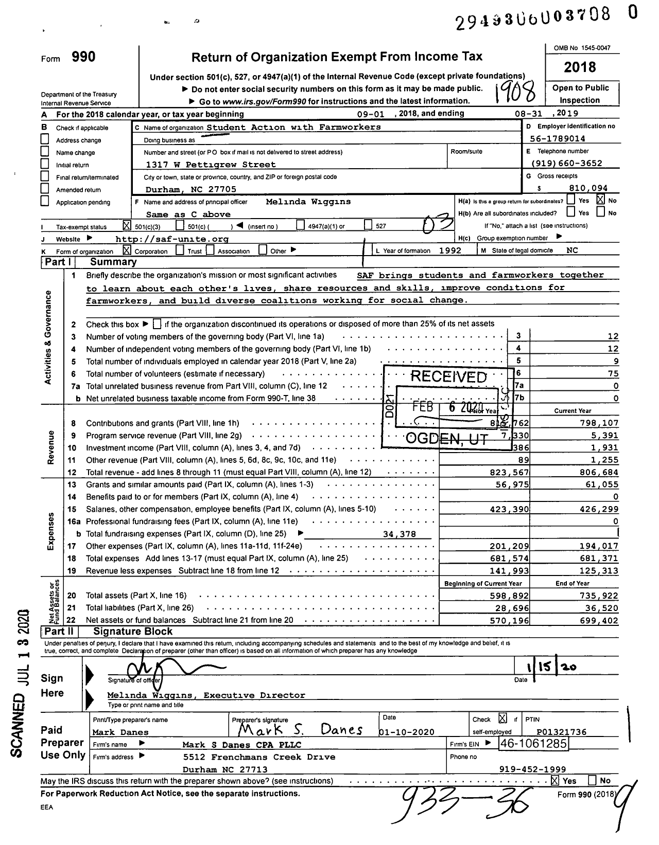 Image of first page of 2018 Form 990 for Student Action with Farmworkers