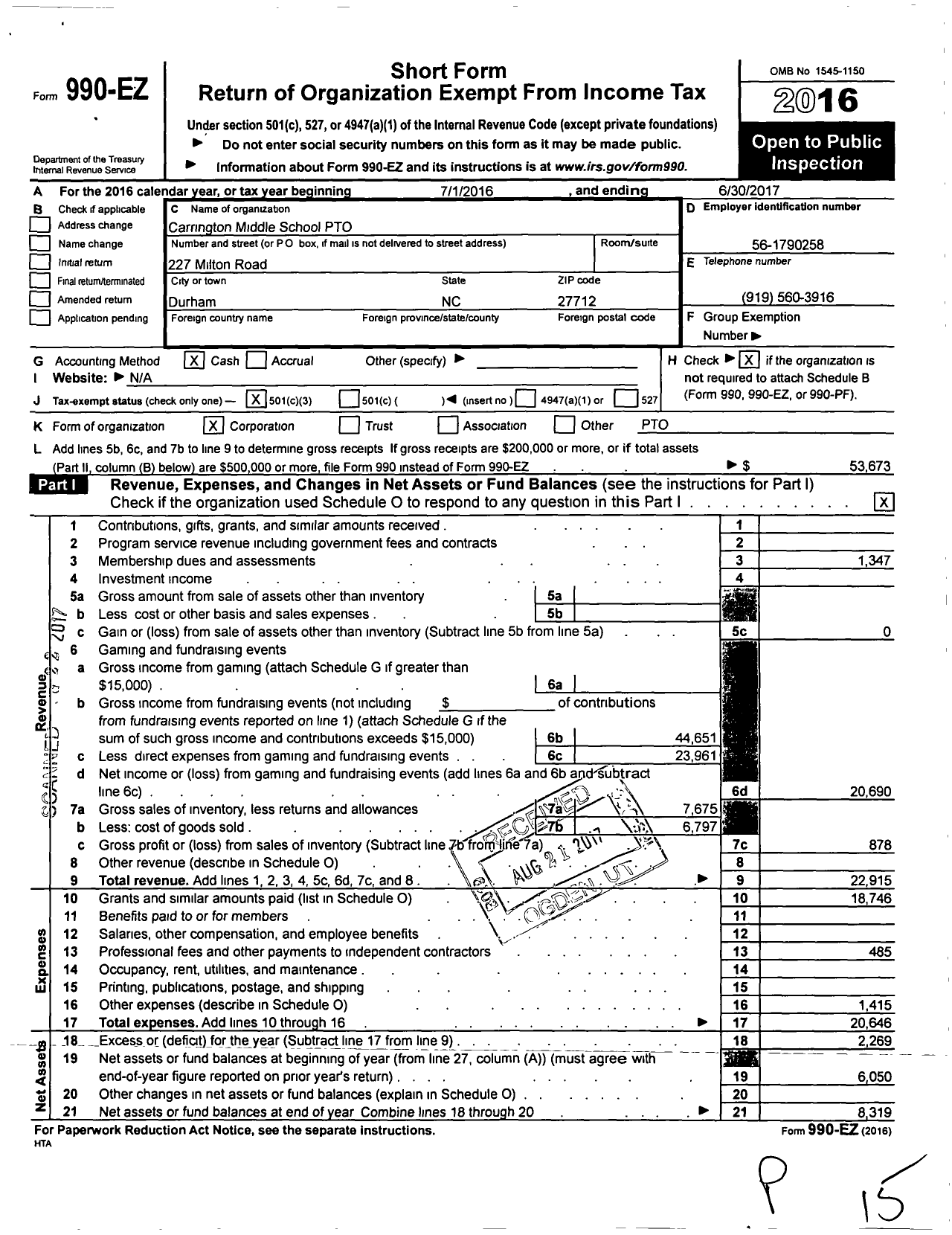 Image of first page of 2016 Form 990EZ for Carrington Middle School PTO
