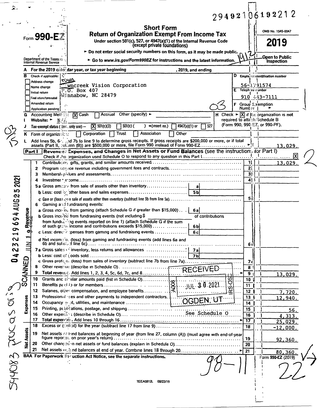 Image of first page of 2019 Form 990EZ for Towncreek Vision Corporation