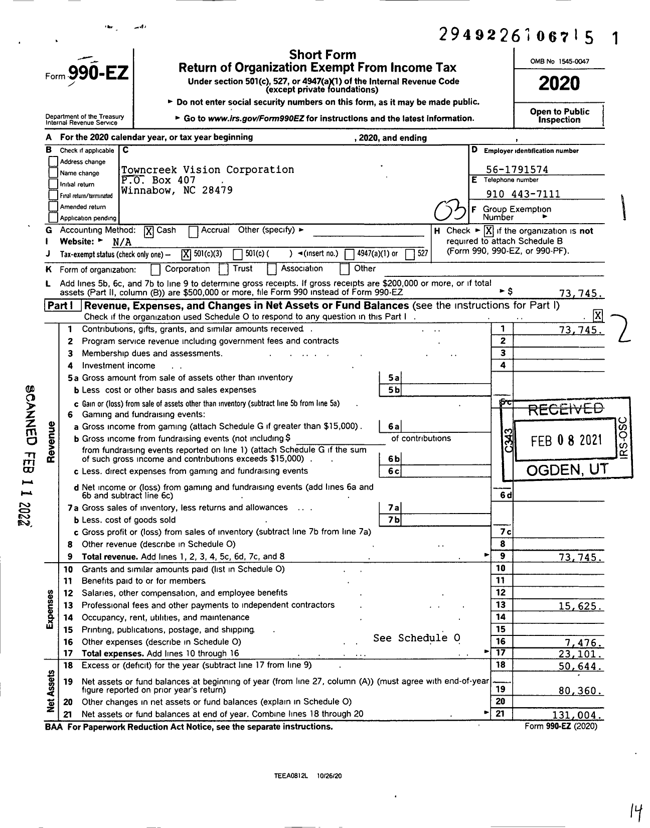 Image of first page of 2020 Form 990EZ for Towncreek Vision Corporation