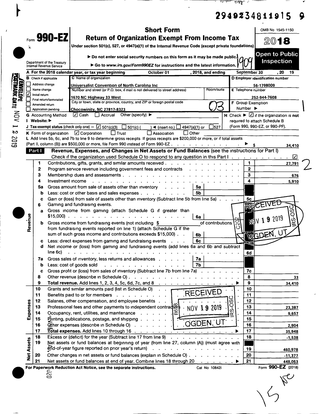 Image of first page of 2018 Form 990EZ for Universalist Convention of North Carolina Incorporated (UCONCI)