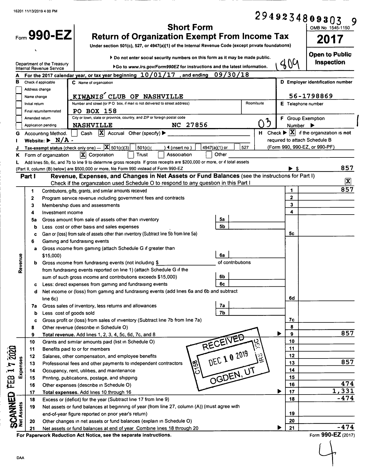 Image of first page of 2017 Form 990EZ for Kiwanis Club of Nashville