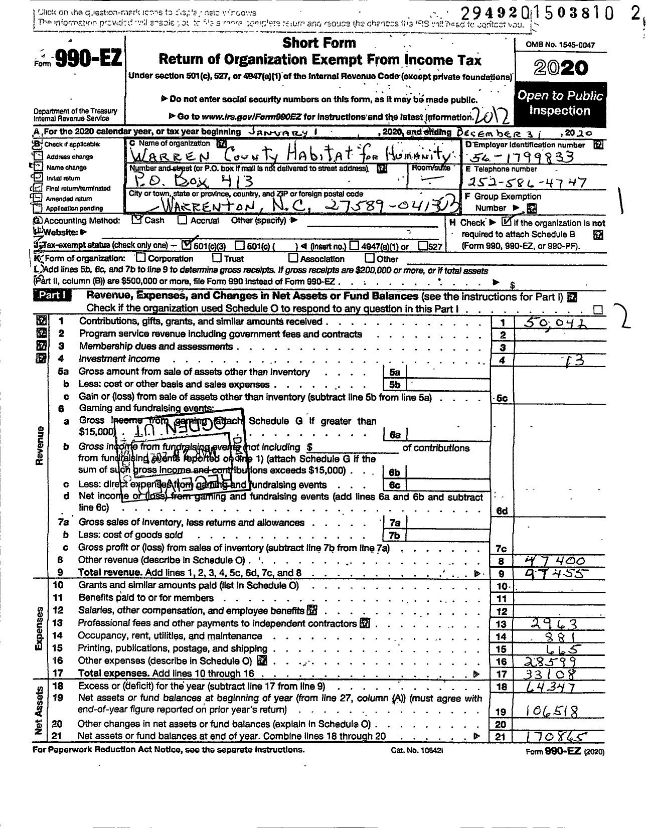 Image of first page of 2020 Form 990EZ for Habitat for Humanity - Warren County HFH