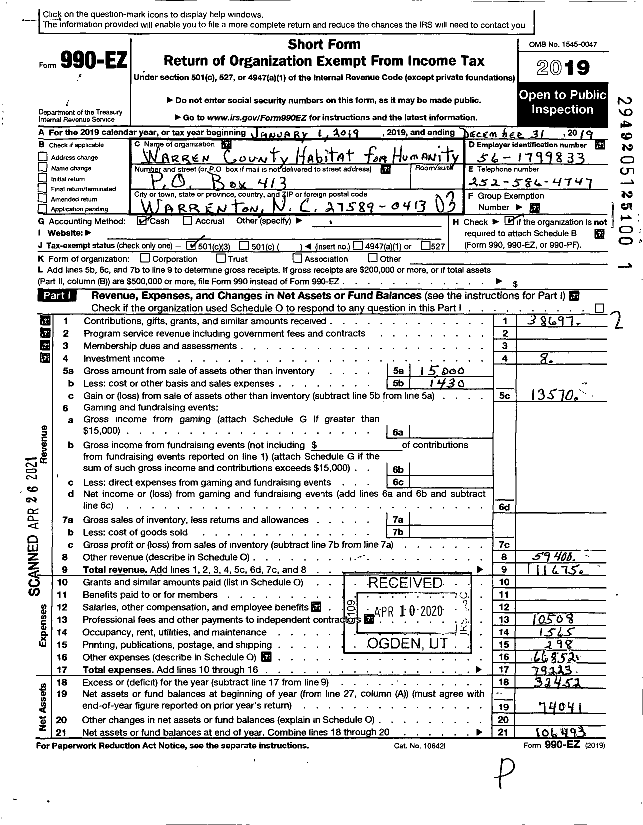 Image of first page of 2019 Form 990EZ for Habitat for Humanity - Warren County HFH