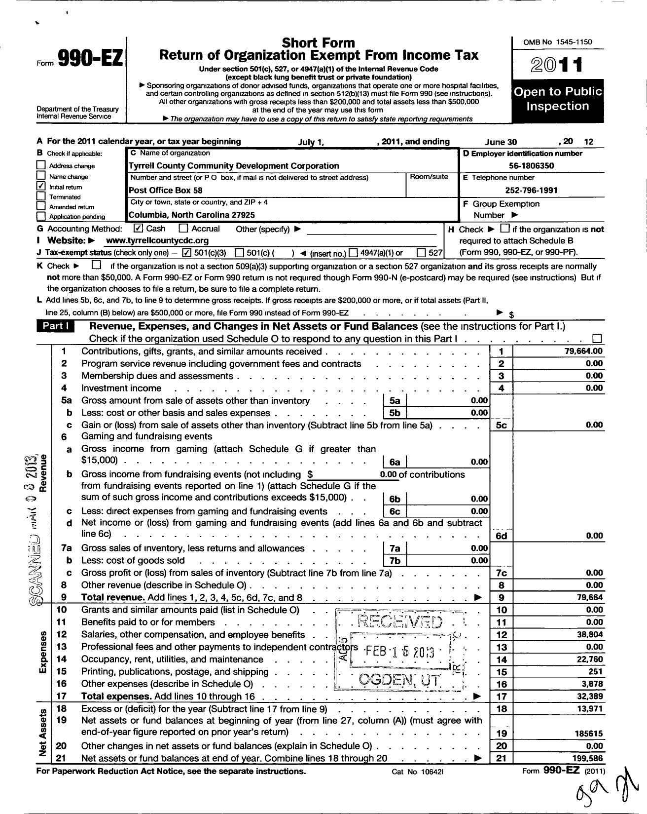 Image of first page of 2011 Form 990EZ for Tyrrell County Community Development Corporation