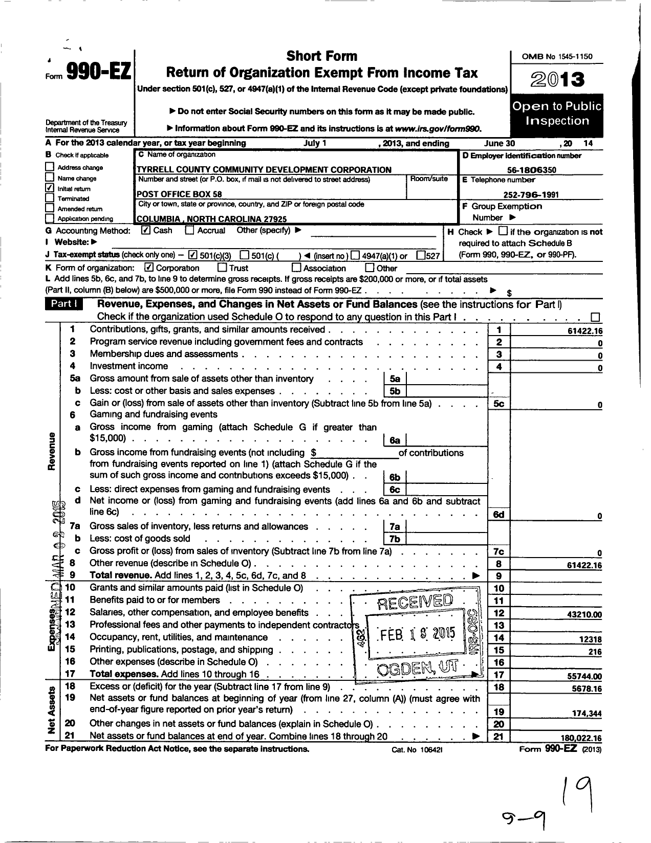 Image of first page of 2013 Form 990EZ for Tyrrell County Community Development Corporation