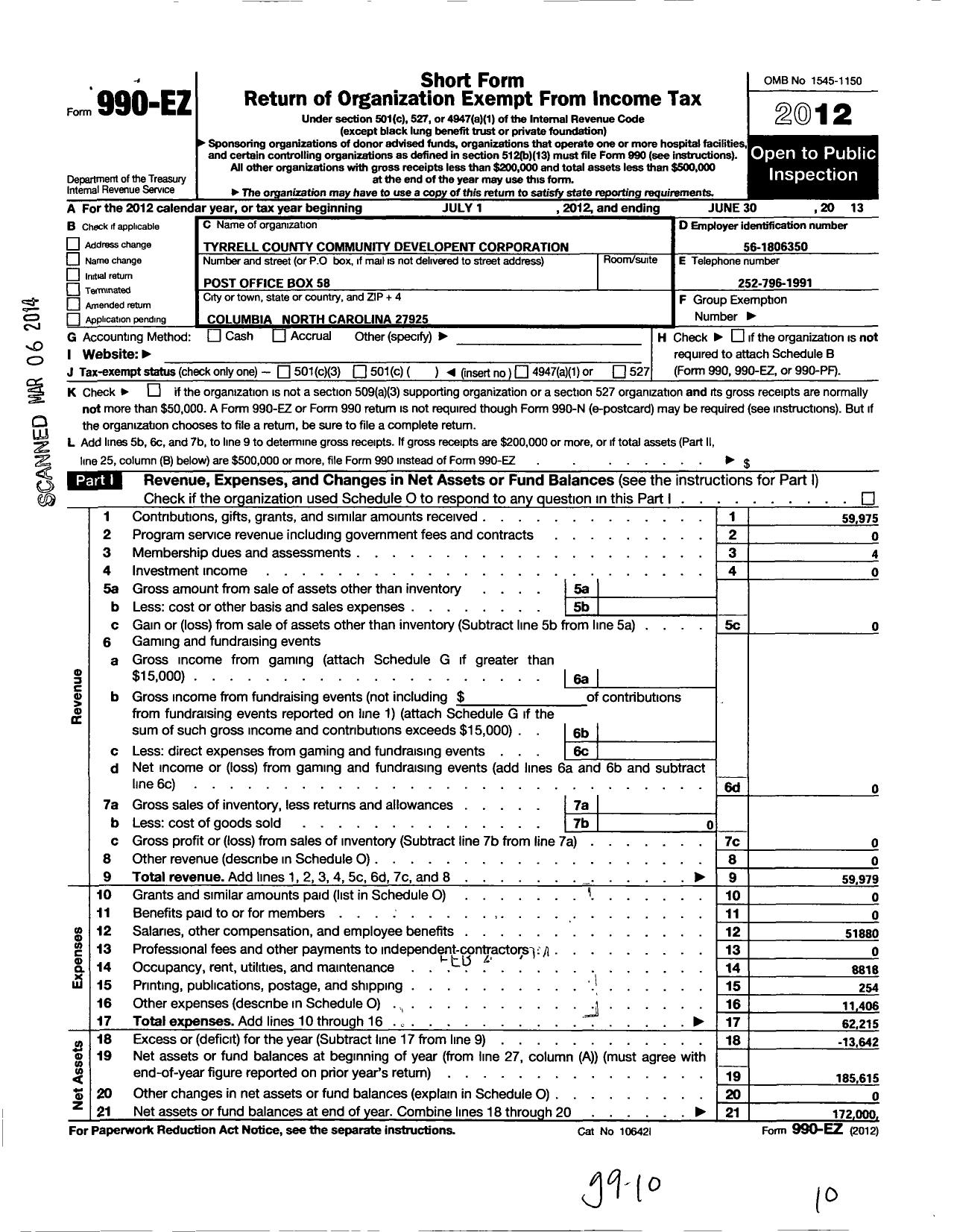 Image of first page of 2012 Form 990EO for Tyrrell County Community Development Corporation