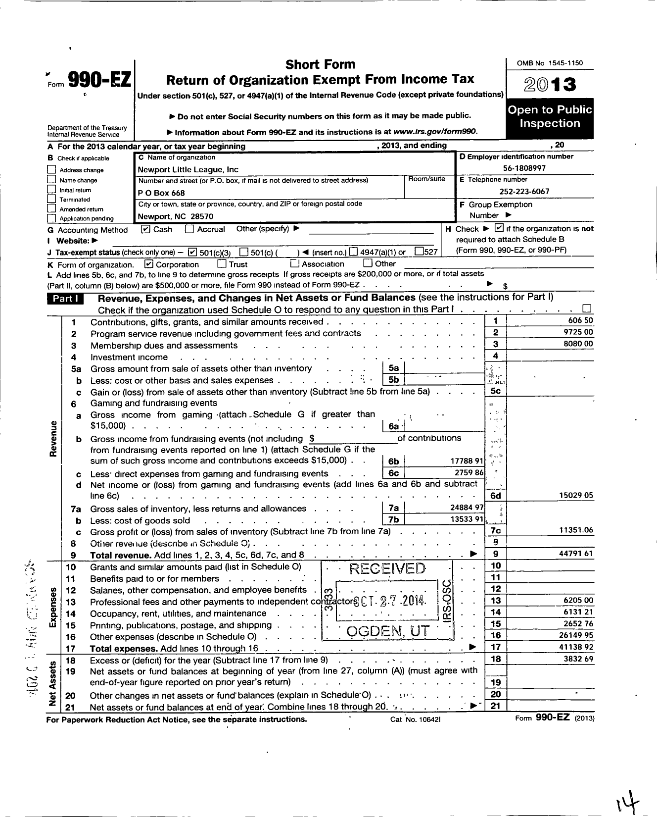 Image of first page of 2013 Form 990EZ for Little League Baseball - 3330406 Newport LL