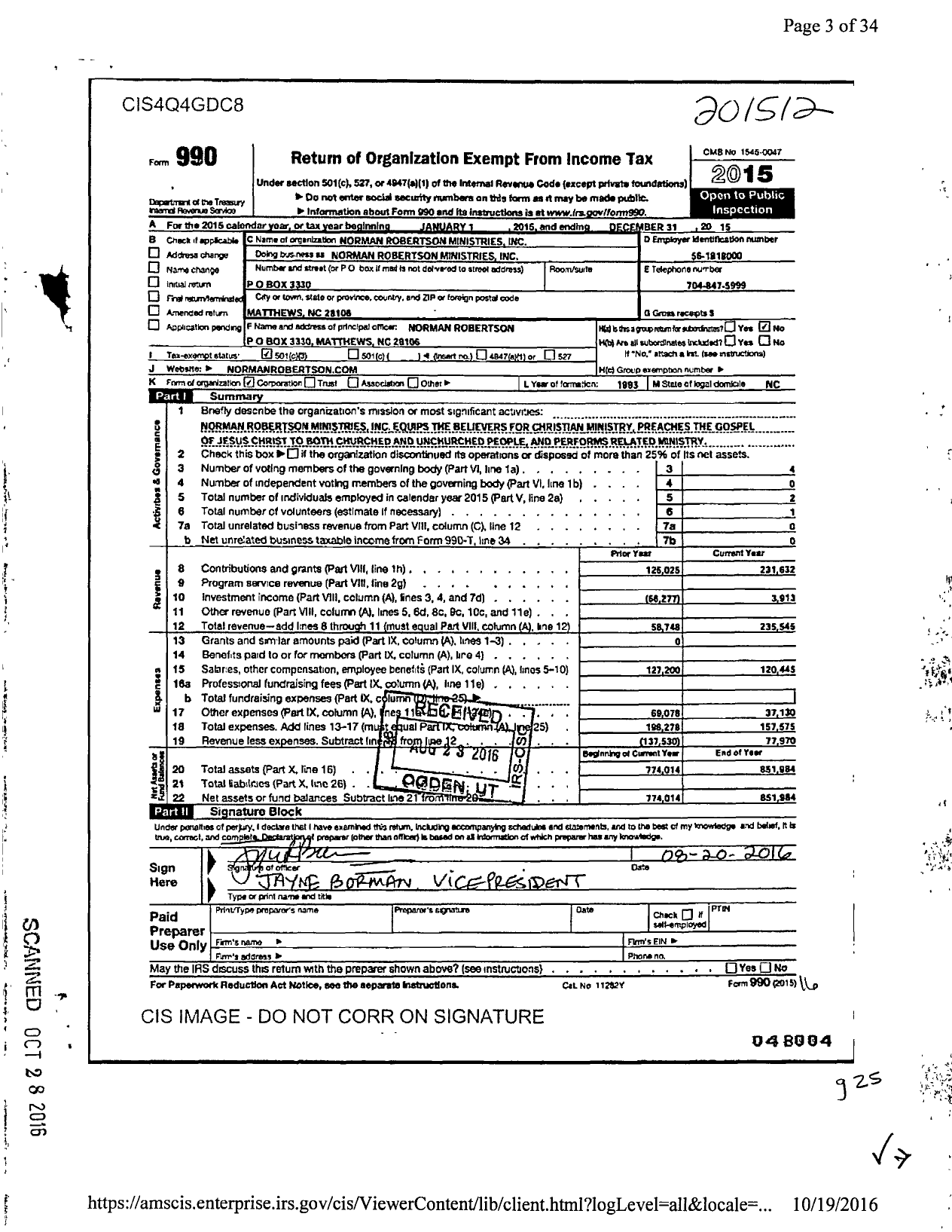 Image of first page of 2015 Form 990 for Norman Robertson Ministries