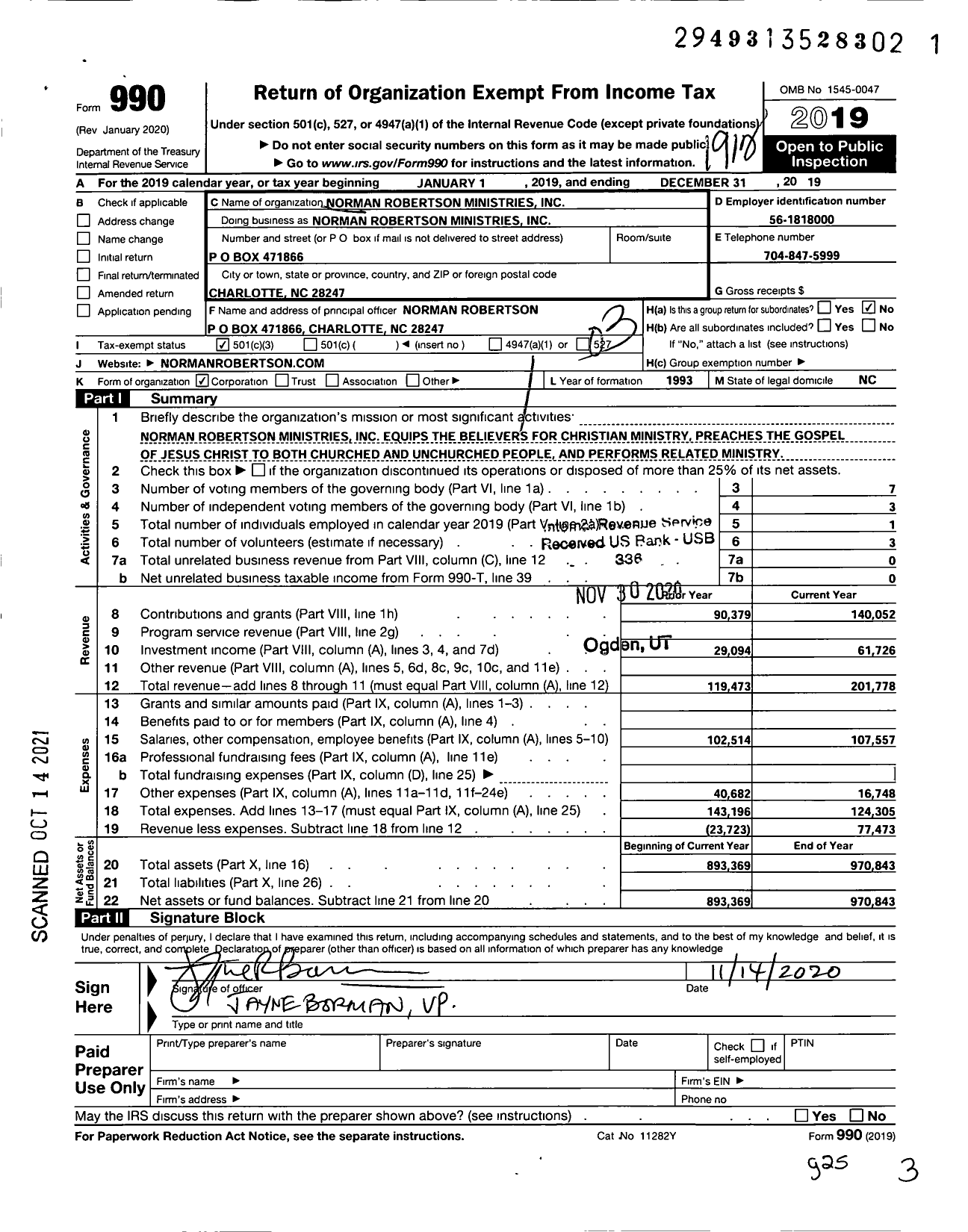 Image of first page of 2019 Form 990 for Norman Robertson Ministries
