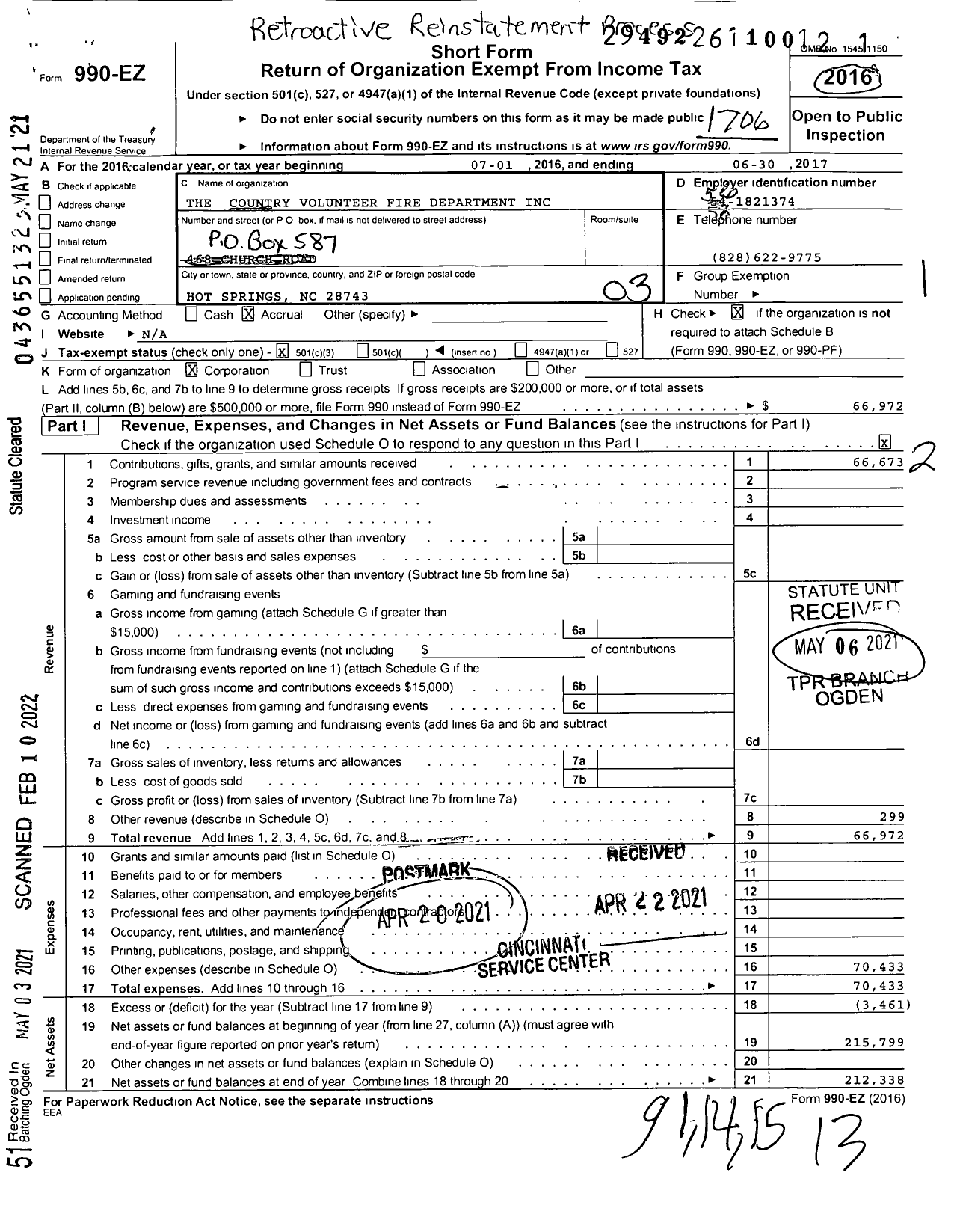 Image of first page of 2016 Form 990EZ for The Country Volunteer Fire Department