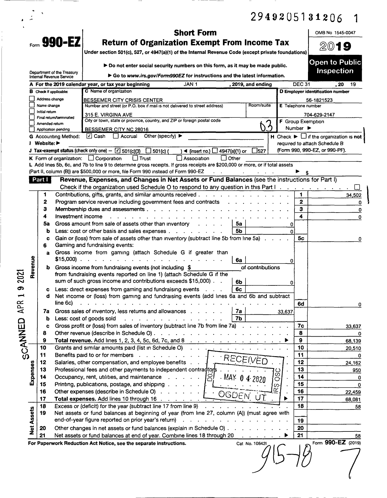 Image of first page of 2019 Form 990EZ for Bessermer City Crisis Center