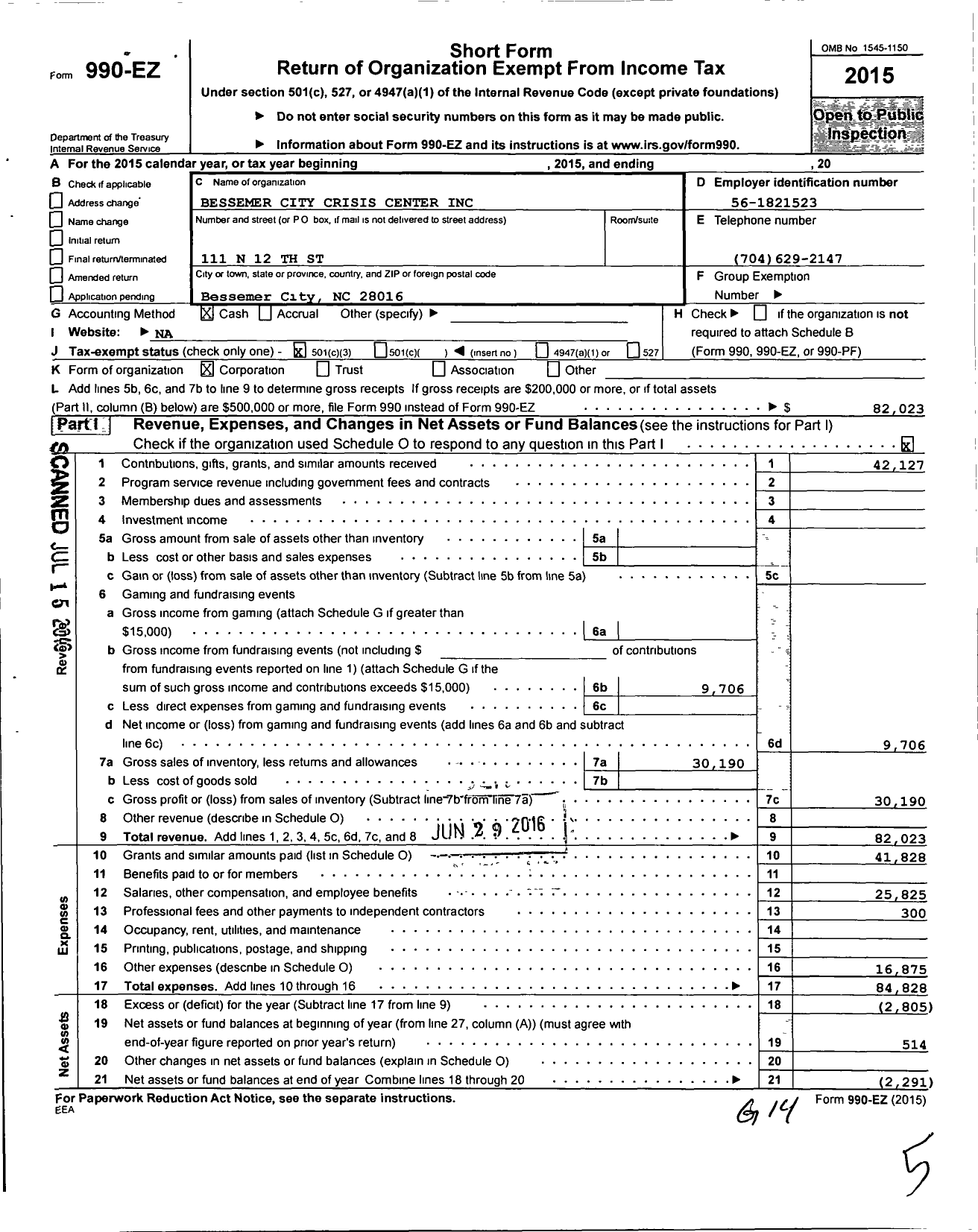 Image of first page of 2015 Form 990EZ for Bessermer City Crisis Center